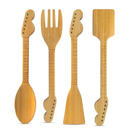 Rise8 Studios Guitar Bamboo Cooking Utensils Set (4-Piece) | Wooden Spoons and Spatulas | Fun Music Themed Kitchen Gadgets & Accessories | Unique Gift for Musicians, Guitar Players