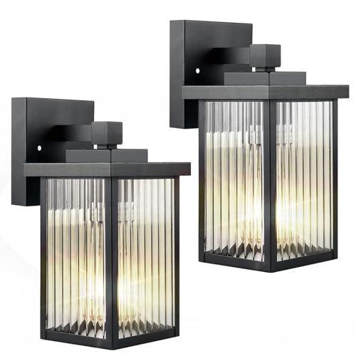 Image of 2 Pack Modern Farmhouse Outdoor Wall Lights,IP65 Waterproof & All-Metal Build,Textured Tempered Glass for Soft, Elegant Glow for Porch, Garage, Front Door