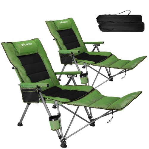 Workims 2 Pack Reclining Camping Chairs with Footrest and Pillow, 5 Position Adjustable Backrest, Supports 330 Pounds, Foldable Patio Lounge Chairs for Camp, Lawn, Courtyard, RV with Carry Bag Green by Workims - Used condition - US$118.49