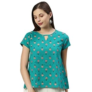 Janasya Women’s Regular Teal Cotton Slub Top