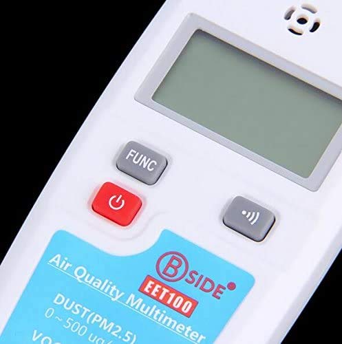 Close-up of the control buttons (FUNC, Power, Mute) and the product label on the StarNY EET100 Air Quality Multimeter.