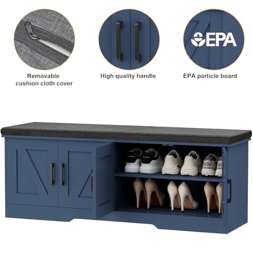Image of HOMSHO Farmhouse Shoe Storage Bench with 4 Barn Doors & Padded Seat Cushion | 47.2 inch Wide Entryway Bench with Adjustable Shelves & Hidden Storage, Blue