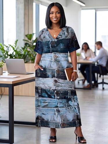 Image of SUZONANA Plus Size Denim Print Maxi Dresses for Women Casual V Neck Short Sleeve with Pockets Soft Jean Look Dress XL-6XL