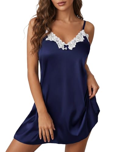 Image of Girece Sexy Night Gowns for Woman Silk Nightgown Lace Trim Sleep Dress Babydoll Lingerie Satin Nighty Negligee
