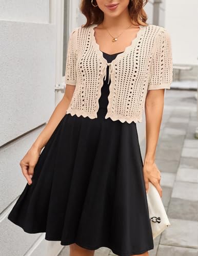 Image of Kate Kasin Women Crochet Shrug Knit Sweater, Short Sleeve Cropped Cardigan | Tie Front Tops Light Weight, Knit Cover Up Arm Bolero For Evening Dresses Dressy Casual, Ladies Eyelet Shawl Thin Formal