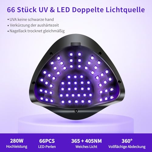 220W UV Lampe für Gelnägel, UV-Nagellampe mit 66 LED-Perlen, Professioneller UV-Nageltrockner für Gelnagellack, Nagellampe mit Auto-Sensor, 4 Timer & LED-Anzeige