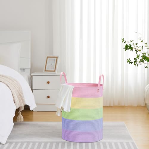 Image of VIPOSCO 58L Tall Woven Rope Laundry Hamper, Leather Handles, Rainbow | Large Wicker Laundry Basket for Dirty Clothes, Blanket, Toy, Towel, Yoga Mat, Storage Bin in Bedroom, Bathroom, Living Room