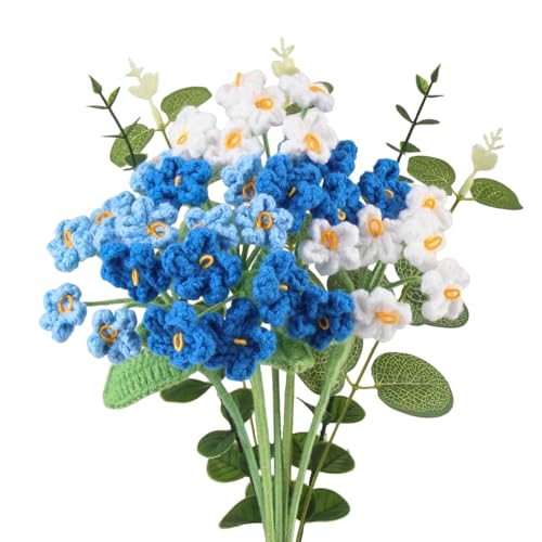 LEIMEND 11 Stück Gehäkelte Blumen Häkelblumen Blau Weiß Vergissmeinnicht Häkelblume Gestrickte Blumen Gehäkelter Blumenstrauß Geschenk zum für Frauen Freunde Muttertag Valentinstag Geburtstag