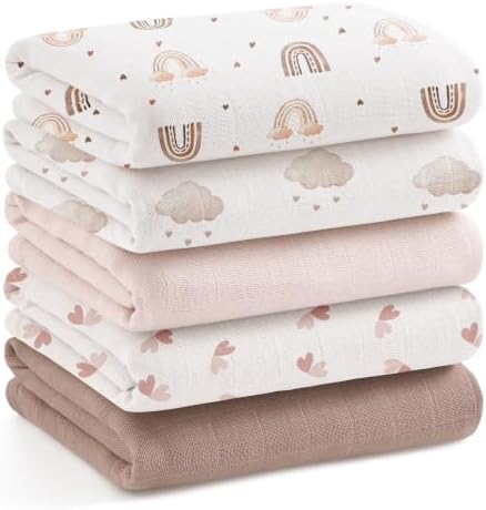 Bearmoss Mulltücher Baby 5 Stuick Bambus Baumwolle Spucktücher Baby,Atmungsaktiv und Saugfahig Weiche Musselintuicher,Zum Baden Abtrocknen und Reinigen von Neugeborenen 60 x 60cm(H