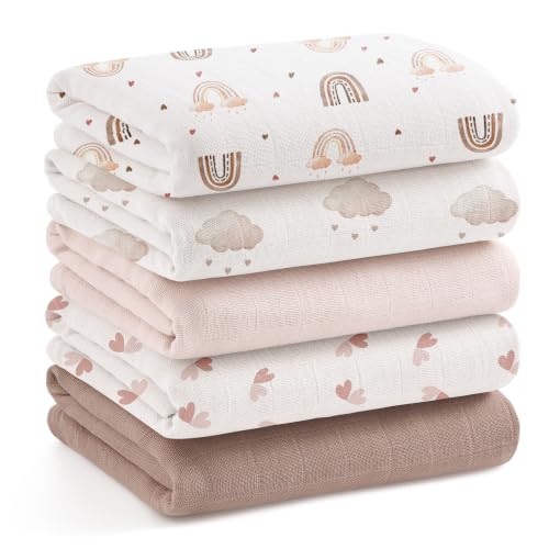 bearmoss Lot de Langes BéBé Coton Bambou 60x60cm,Lot de 5 Mousseline Bambou Coton Carrés de Absorbant de Mousseline à Grain pour Unisexe Bébé Filles et Garçons (Brun Rosé)
