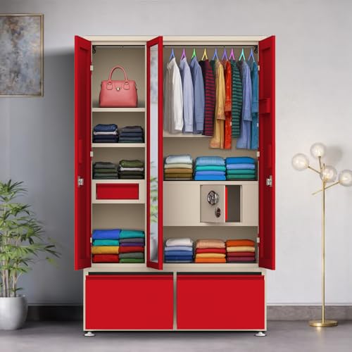 Image of Triveni GANGA-3 Almirah | 10-Year Guarantee on Paint and Lock | Triple Door (3-Door) Steel Wardrobe with Full Mirror |10 Hangers & 8 Hanging Hooks | Number Circle Locker | Bangle Drawer |48 Inch Wide