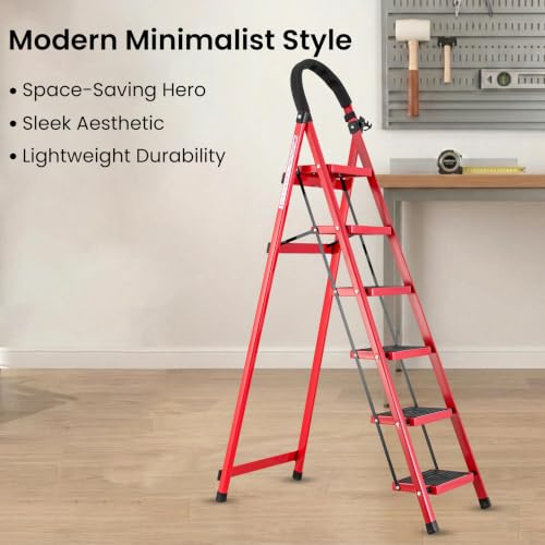 Image of Casa Copenhagen Red 6 Step Ladder for Home Use with Built-in Tool Tray | Heavy Duty D Shape Rods | Ultra Large Platform | Secure Lock and Stability | 150Kg Capacity Foldable Ladder - 7 Years Warranty