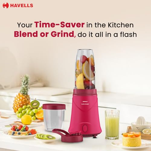 Image of Havells Nutri Power Blender 350 W Mixer Grinder| 1 Speed Switch| Leak Free Sipper Lid| Air Vent Technology| Stainless Steel Blade| 2Yrs Manufacturer Warranty (Pink)