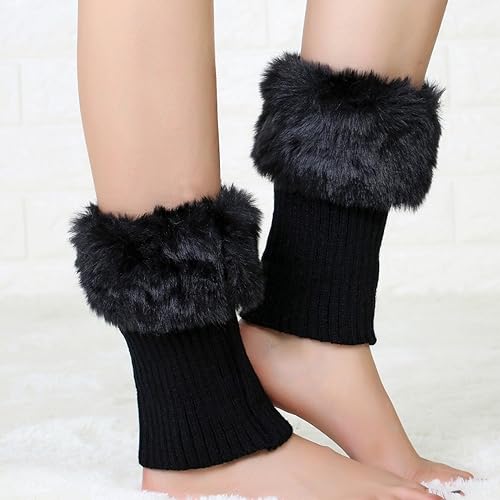 Women Faux Fur Trim Boot Cuffs, Short Furry Fuzzy Leg Warmers Winter Knitted Boot Socks Ankle Warmers for Girls 7