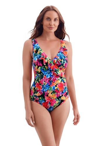 Women's Swimwear Blooming Bouquet Ruffle Front Surplice One Piece Swimsuit, Multi, 16