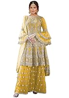 Miss Ethnik Women's Beige Net Semi Stitched Top With Stitched Net Bottom and Net Dupatta Embroidered Knee Long Flared Top Dress Material (Kurta Palazzo Set) Free Size (D-1027) (Yellow2)