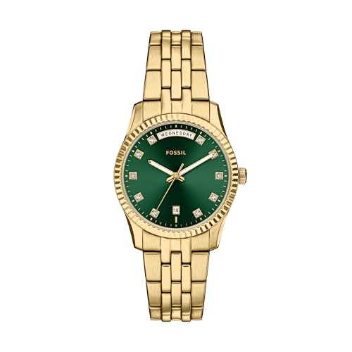 Fossil Womens Scarlette Three-Hand Day-Date Gold-Tone Stainless Steel Watch (Model: ES5460)