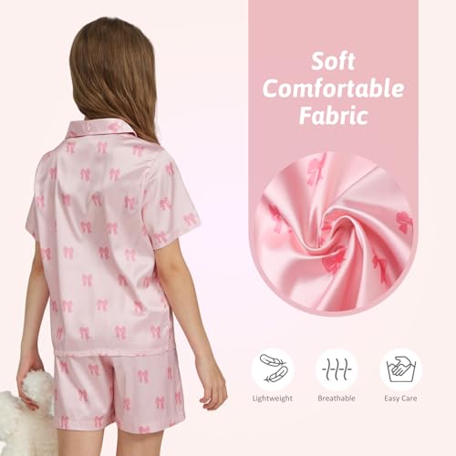 Ewbob Girls Silk Satin Pyjamas Set Short Sleeve Button-Down Kids PJs Breathable Soft Nightwear Children Sleepwear Age 5-14(C9-001)-Pink Bow-13-14Y - Image 4