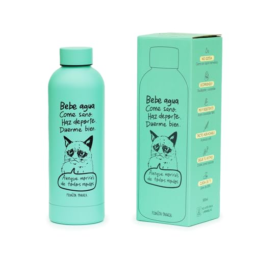 Botella agua acero inoxidable, sin BPA, reutilizable, Botella termo Doble Aislamiento, 500ml, Diseño Bebe agua come sano Haz deporte Duerme bien