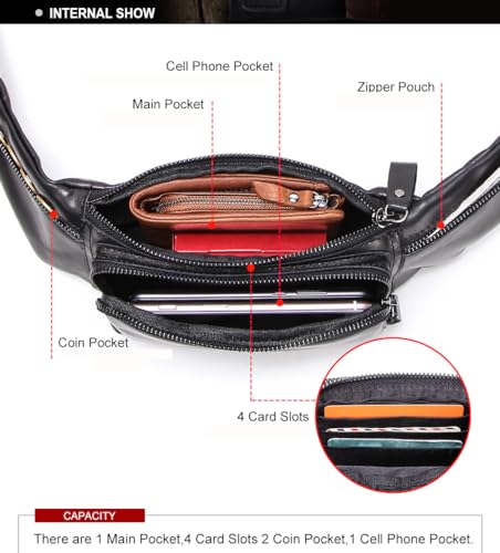 Image of Sam's Design Mens Genuine Leather Chestbag Zipper Small Crossbody Phone Wallet Holder Bag Waist Pouch Pack for Sport,Spring Out,Travel (Black)