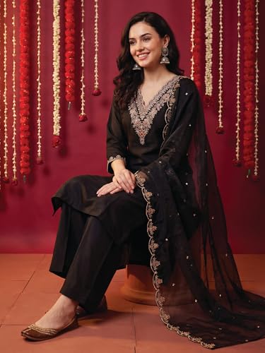 Image of INDO ERA Women's Black Silk Blend Embroidered Mirror Work Kurta & Pant with Dupatta Set (IEDDAI484)
