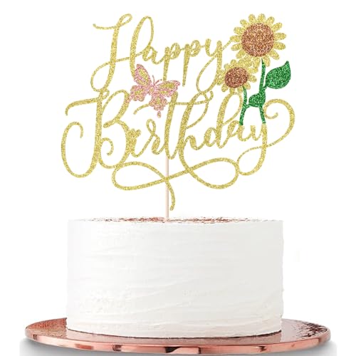 Sleyberoy Gold Glitter Sunflower Happy Birthday Cake Topper