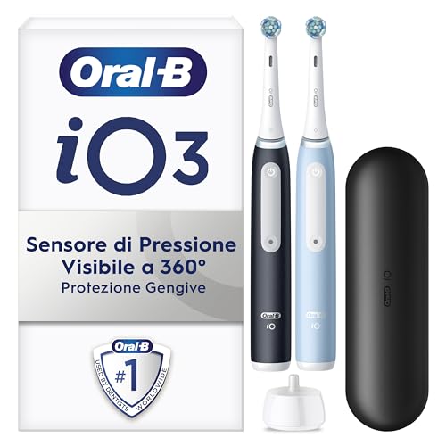 Oral-B Spazzolino Elettrico Ricaricabile iO 3 Nero e Blu, 2 Testine Di Ricambio, Custodia Da Viaggio, 2 Spazzolino Elettrico Oral B, Confezione Doppia, Sensore di Pressione