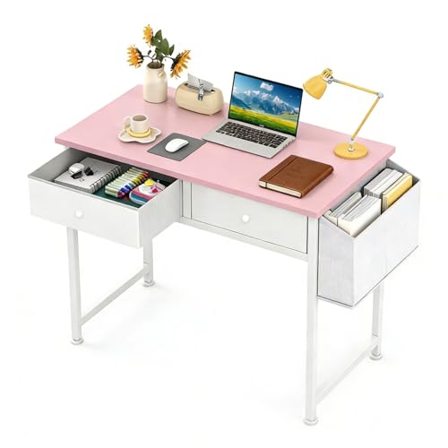 Reviews de Escritorio Pequeño del mes. 47 Meeyoga Escritorio Computadora - 2 Cajones de Tela de Almacenamiento y Bolsa,Madera MDF Elegante para Estudio y Trabajo(80×40×80CM)