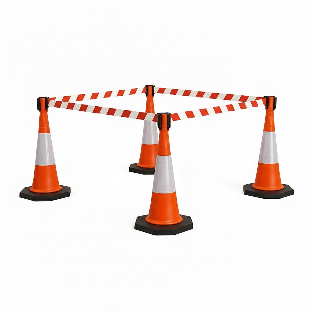 Traffic Cone & Retractable Barrier Kit 750mm High | Road Safety, Car Parking & Construction Use | Durable Portable Cones with Chevron Safety Warning Tape (4 Cones + 4 Retractable Barrier)