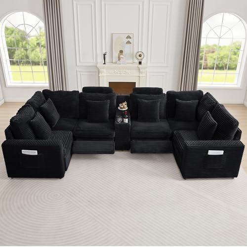 Image of RARZOE Modular Sectional Sofa with 2 Power Recliner, 6-Seater U-Shaped Corduroy Cloud Reclining Couch with Storage Console Charging Cup Holders, Fluffy Comfy Cloud Sofas Couches for Living Room, Black
