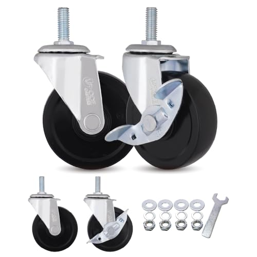 AXL Caster Wheels 3 Inch Set of 4 Heavy Duty 3/8"-1" (25mm) Threaded Stem Casters,Wheel Replacement for Clothing Garment Rack, Shelving Rack, Whiteboard (Pack of 4, 2 with Brake & 2 Without)