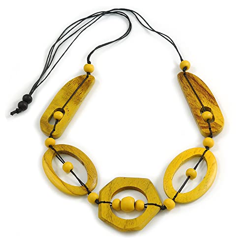 Collier géométrique bois jaune sautoir réglable cordon noir 90 cm Avalaya