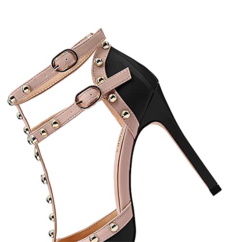 Miraazzurra Women Heeled Sandals Rivet Studded High Heels Stiletto T-Strap Pointed Toe Slip On Bridal Pumps For Women 10.5Cm Us Size 7 Black #TOP5
