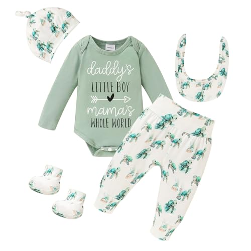 Image of GRNSHTS Newborn Baby Boy Clothes Letter Print Romper+Animal Pants+Mouth watering towel+Socks With Hat Coming Home Outfits