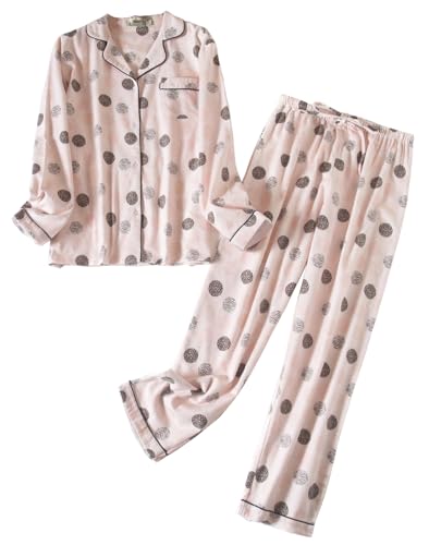 Women Pajamas Set Flannel Cotton Long Sleeve Button Down Top Pants Warm Sleepwear S-XL