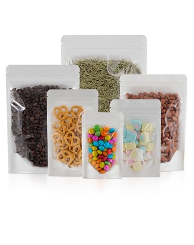 FireKylin 100 bolsas de pie, bolsas de papel kraft de 6.3 x 9.4 pulgadas con ventana, bolsas transparentes resellables con cierre de cremallera, almacenamiento de alimentos, color blanco