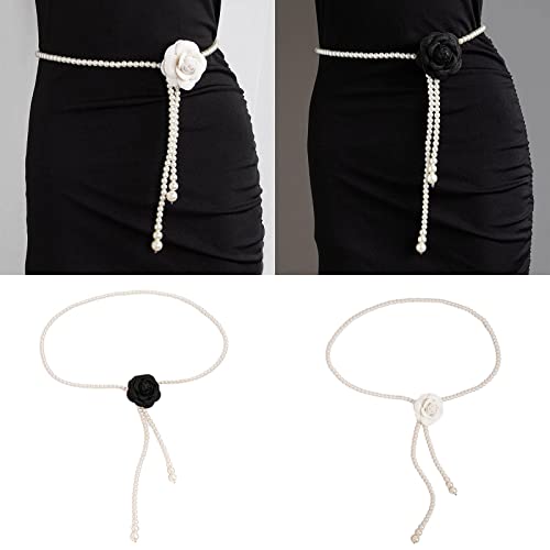 Flower Waist Chains Women Camellia Waist Belt For Dress Pearl Waist Chain Belt Belly Chain For Jeans Sash Belt, Approx.125cm/49.21in, Black3