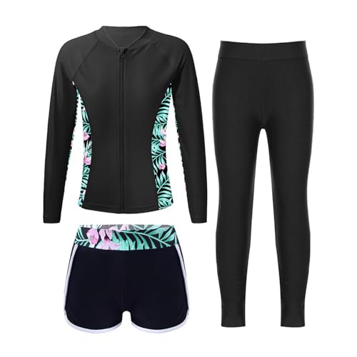 Kids Girls Rash Guard 3 Piece Swimsuit Long Sleeve Swim Tops with Bottoms Pants Swimwear Set