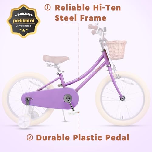Image of Petimini Vintage Kids Bike for Girls, 12-20 Inch Classic Bicycle with Wicker Basket & Bell, High Tensile Steel Frame, Training Wheels (12-18 inch), 85% Pre-Assembled, Retro Bike for Outdoor Riding