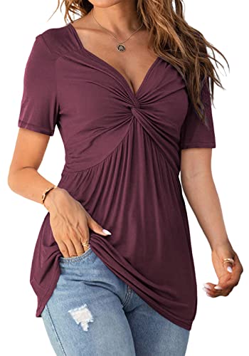 Image of Tankaneo Womens Front Knotted V-Neck Blouse T Shirt Short Sleeve Oversized Tunic Tops Summer Solid Pullover Tees