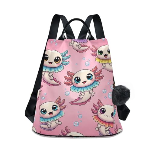 Sac à dos rose motif axolotls mignon avec pompon amovible
