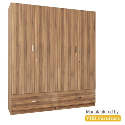 Image of VIKI Wardrobe |Wooden Almirah for 4 Door Wardrobe with 2 Split Drawer & Hanging Space (Brussel Walnut - 40D x 160W x 180.8H) | 1 Year Warranty | Free Assembly