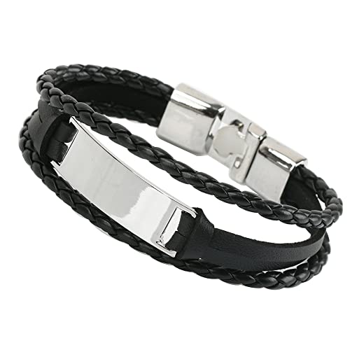 [silver KYASYA]レザーバングル ブラック ホワイト 編み込み 重ね付け 三連バングル メンズ 革 腕輪 バックル ベルト プレート (ブラック)