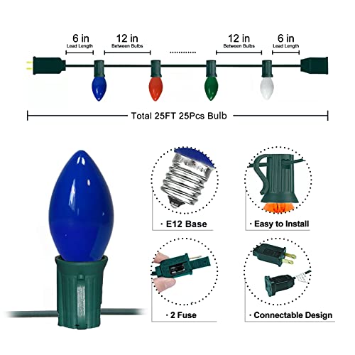 Chysuper C7 Christmas Lights Multicolor, 25Ft Vintage Christmas Lights Outdoor Lights String 27 Colorful Incandescent Ceramic Bulbs For Indoor/Outside Xmas Tree Patio Balcony Holiday Party Decor #TOP1
