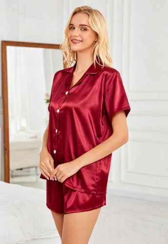 Image of Satin Pajamas for Women, Notch Neck PJ Adjustable Drawstring Shorts
