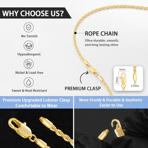 Jewlpire 2.5mm/3mm/4mm Stainless Steel Rope Chain Necklace for Men, 14K Over Gold Chain for Men and Women, Mens Jewelry Gift 16 18 20 22 24 26 Inch3