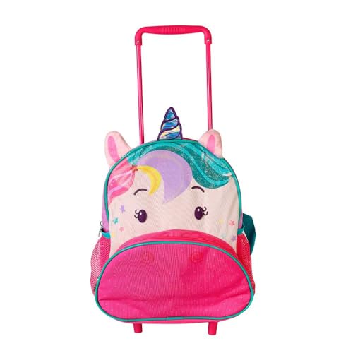 Mochila Infantil com Rodinhas Unicórnio, Alça Telescópica, Design Rosa e Colorido, Compartimentos Espaçosos – Volta às Aulas Encantada