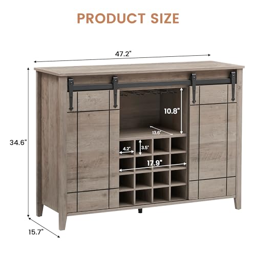 Image of Farmhouse Sideboard Buffet Cabinet with Sliding Barn Doors, Coffee Bar Cabinet with Adjustable Shelves, 16-Bottle Wine Storage & Glass Holder for Dining Room, Living Room,Light Oak