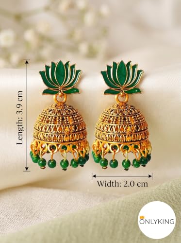 Image of OnlyKing Traditional Lotus Meenakari Jhumka Earrings for Women & Girls | Gold Color Oxidised Ethnic Floral Jhumki | Temple South Indian Style Ear rings Set | Stylish Trending Big Colorful Jhumkas (Available in 12 Colors)