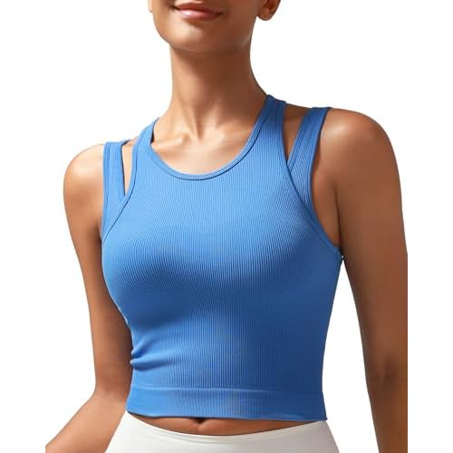RUNNING GIRL Sports Bras for Women High Impact Seamless Ribbed Longline High Neck Workout Crop Tank Tops Padded B-bright Blue X-Large